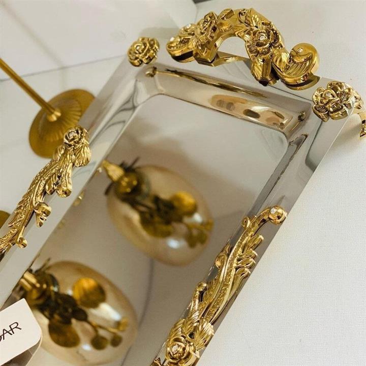 سینی تمام استیل نگار  دسته طلا مدل گلستان سایز متوسط